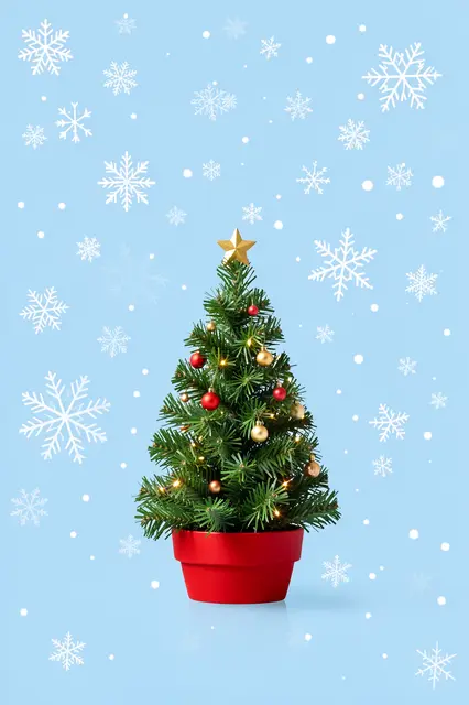 A small decorated Christmas tree in a red pot sits against a powder blue background with floating white snowflakes