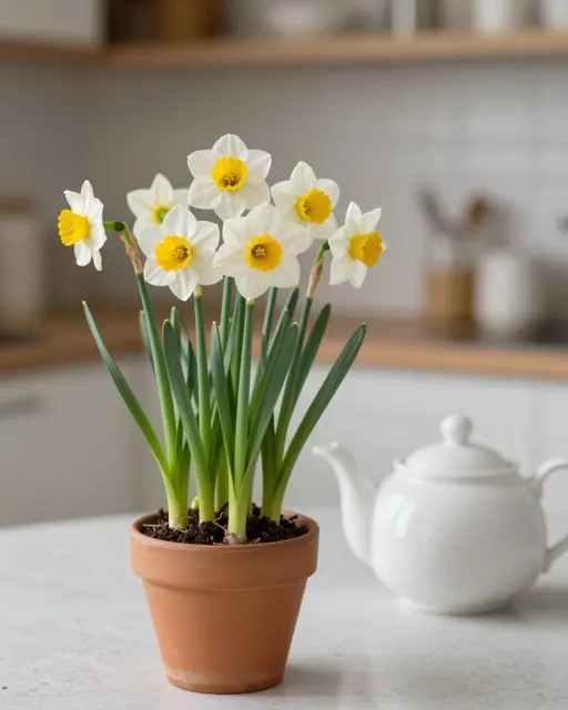 Blooming potted miniature daffodils sit beside a white teapot on a light kitchen counter