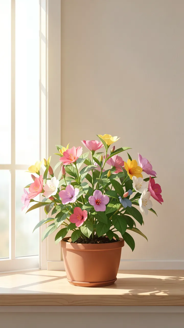 A terracotta pot of colorful blooming flowers sits on a sunlit wooden windowsill beside an empty neutral wall.
