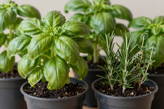 Basil, rosemary and thyme grow in black plastic nursery pots in a neat indoor arrangement.