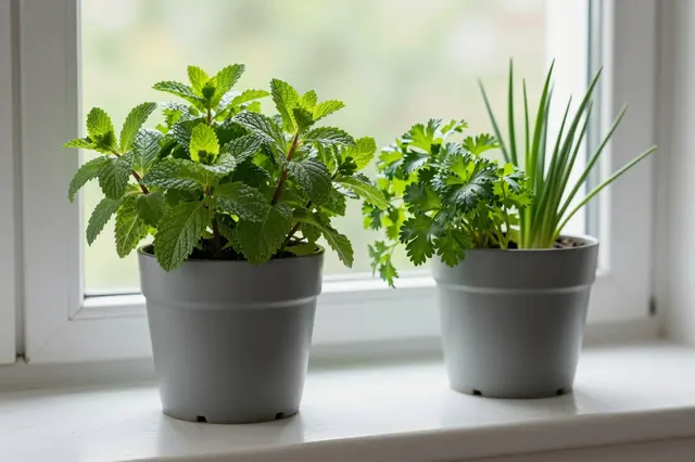 Two matte gray plant pots holding mint, parsley and chives sit on a bright kitchen windowsill
