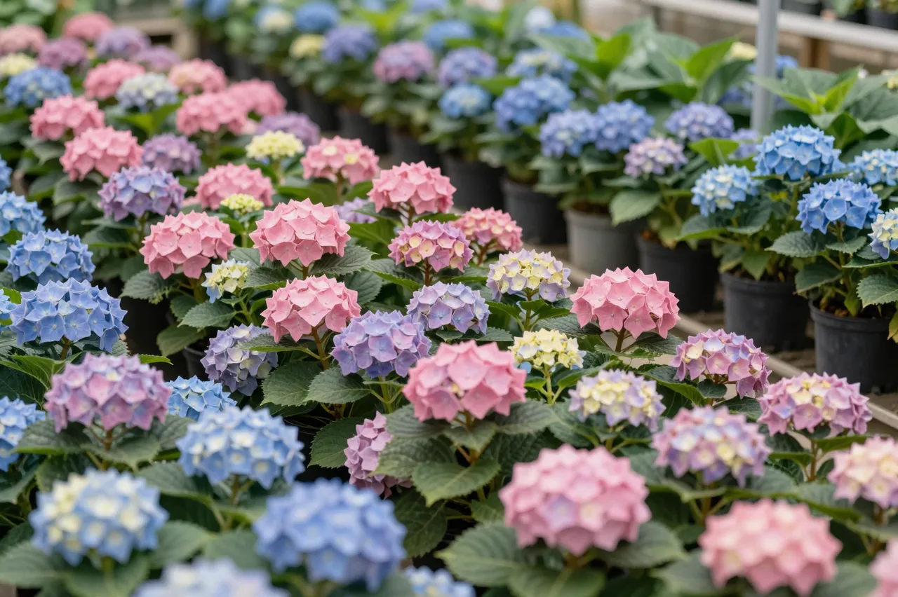 Rows of potted pink, blue and purple hydrangea plants arranged in a greenhouse plant nursery.