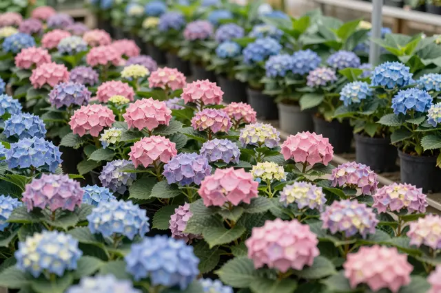 Rows of potted pink, blue and purple hydrangea plants arranged in a greenhouse plant nursery.
