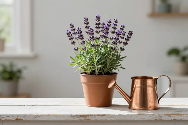 Potted lavender sits next to a small copper watering can on a sunlit white wooden table