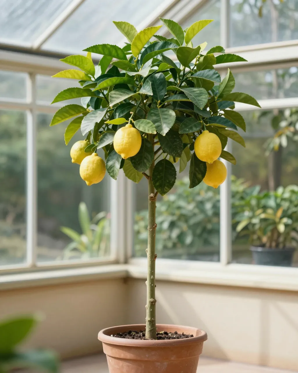 A potted lemon tree with ripe yellow lemons sits in a sunlit glass conservatory corner.