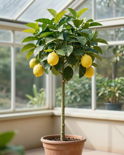 A potted lemon tree with ripe yellow lemons sits in a sunlit glass conservatory corner.