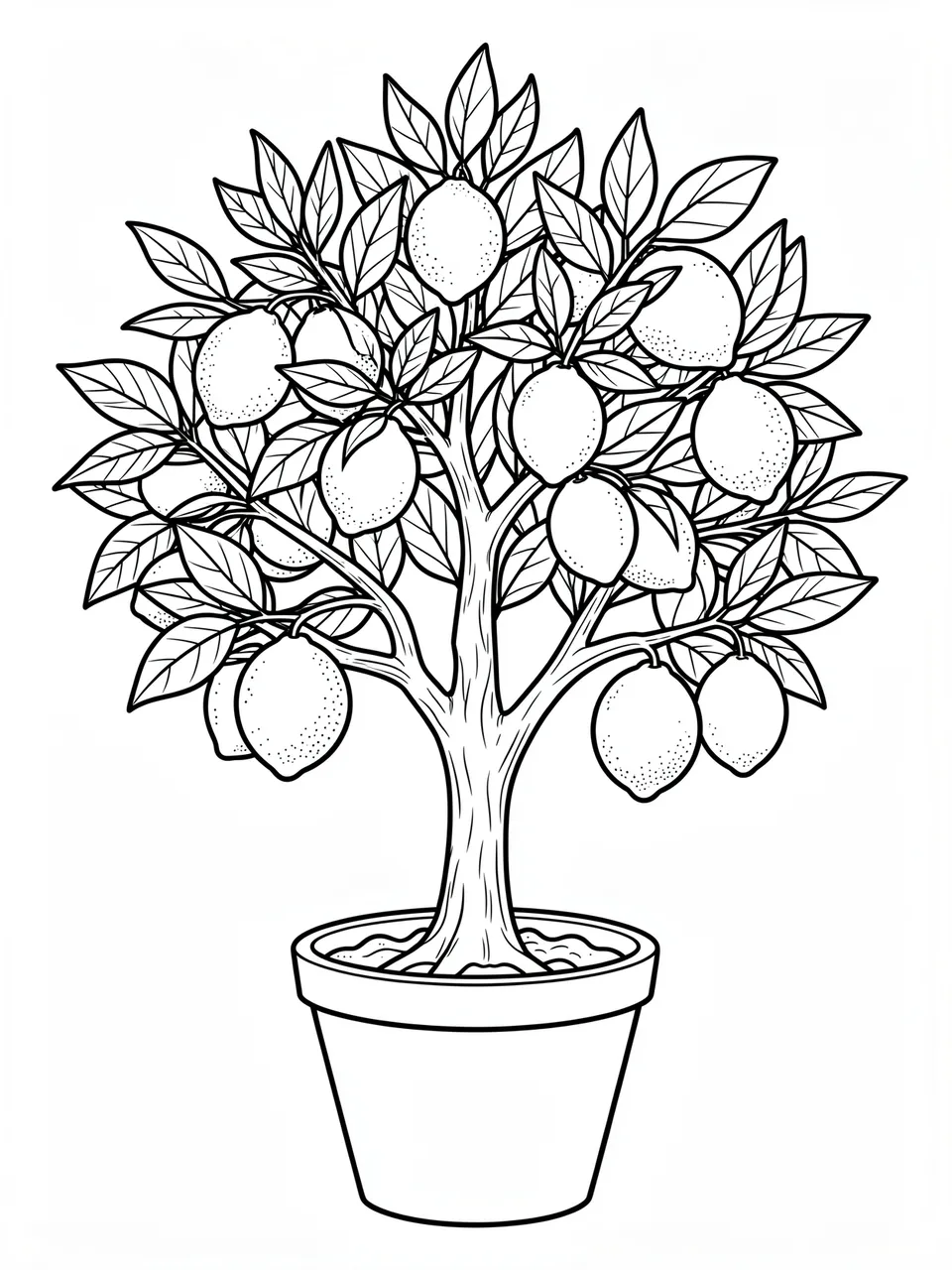 Black and white line art of a leafy potted lemon tree with ripe fruit on a plain white background