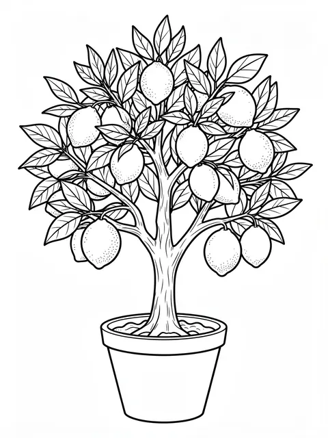 Black and white line art of a leafy potted lemon tree with ripe fruit on a plain white background