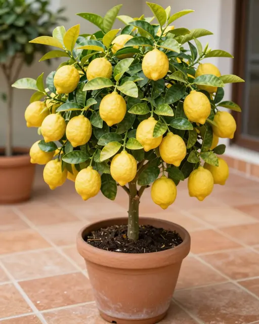 A potted lemon tree heavy with ripe yellow lemons sits on a sunny terracotta tiled patio