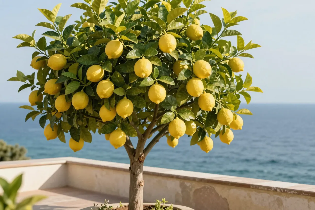 A potted lemon tree heavy with ripe yellow fruit sits on a stone terrace overlooking the calm blue Mediterranean sea.