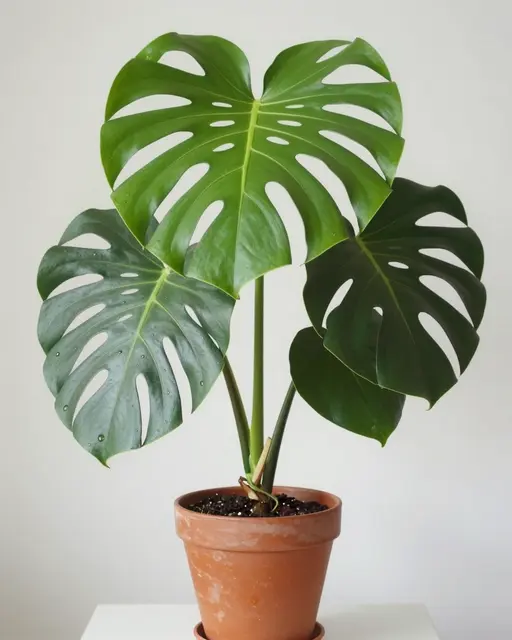 A potted monstera deliciosa plant with fenestrated leaves sits in a terracotta pot on a white surface against a plain light