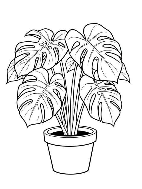 Bold black and white line art of a potted monstera houseplant on a plain white background