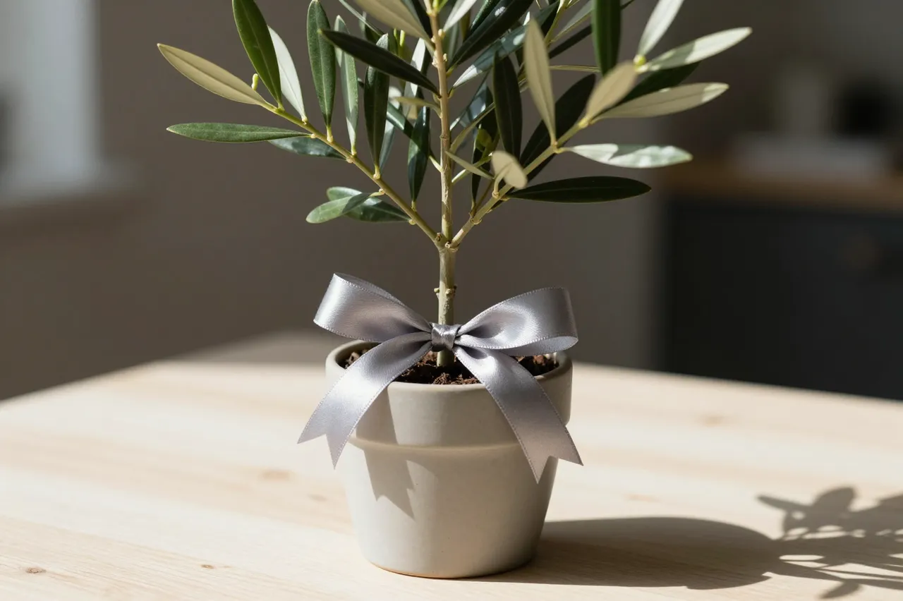 Small potted olive tree tied with a silver satin ribbon sits on a sunlit wooden table