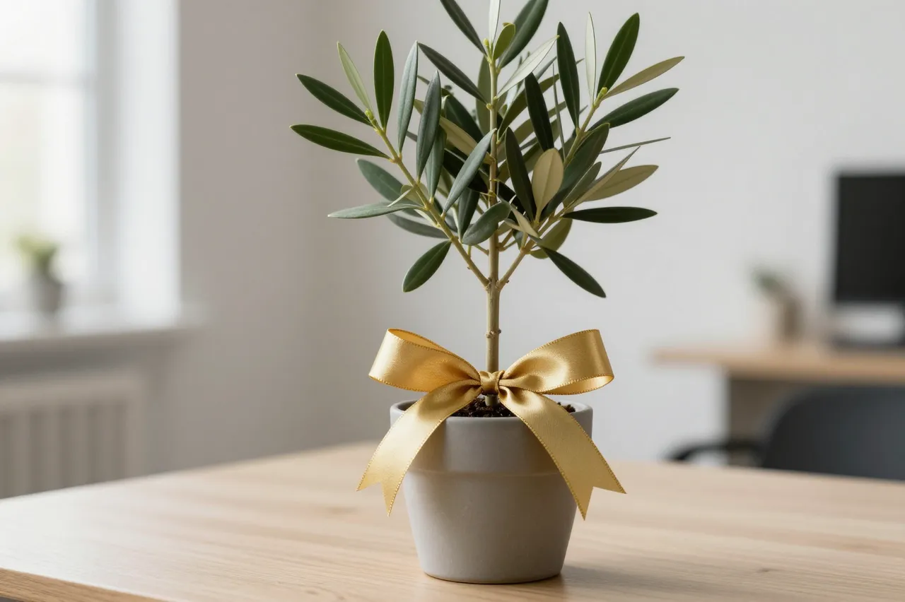 Small potted olive tree tied with a gold satin ribbon sits on a light wooden desk in soft natural light.
