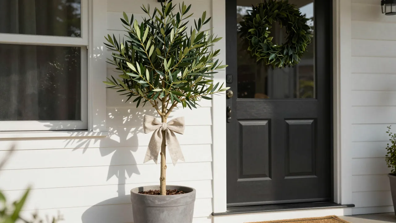 Potted olive tree with a linen bow sits beside a dark front door on a bright sunlit home porch.