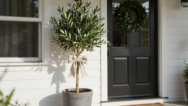 Potted olive tree with a linen bow sits beside a dark front door on a bright sunlit home porch.
