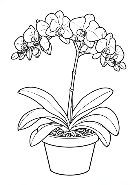Clean black and white line drawing of a potted phalaenopsis orchid with arching blooms on a plain white background
