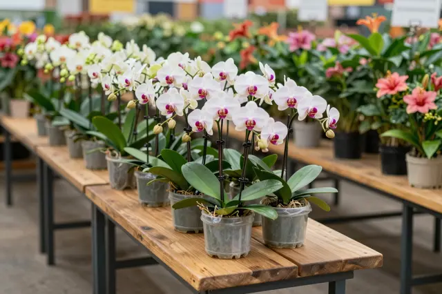 Rows of potted white phalaenopsis orchids and other flowering plants arranged on long wooden market tables