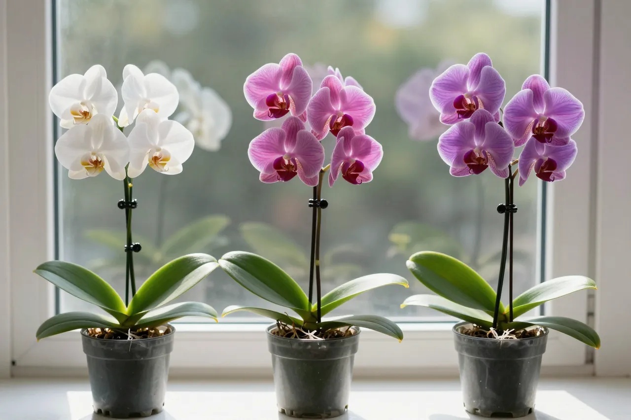 Three potted moth orchids in white, pink and purple sit in a neat row on a bright windowsill.
