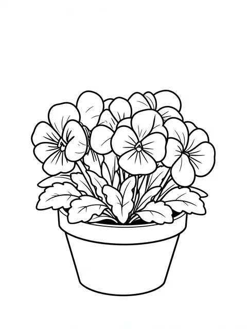 Black and white bold line art of a cluster of pansies growing in a small simple flower pot on a plain white background