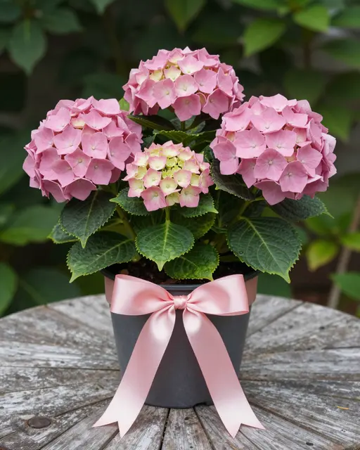 A potted pink hydrangea tied with a satin bow rests on a weathered wooden garden table.