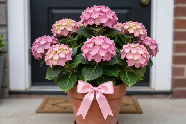 A potted pink hydrangea plant with a satin bow sits on a front home doorstep.