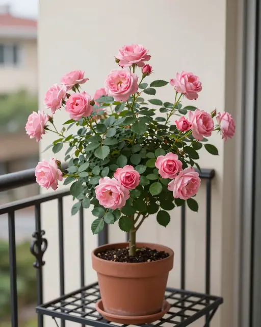 Blooming potted pink rose bush sits on a metal stand next to a wrought iron balcony railing
