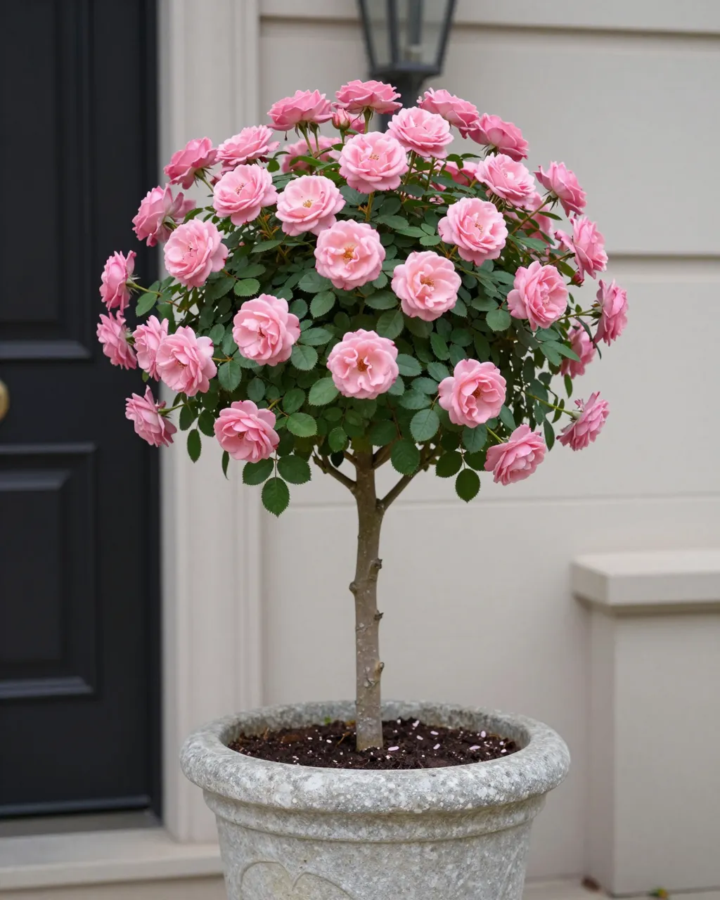 A standard pink rose topiary tree with a round bloom head sits in a stone planter beside a home front door.
