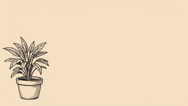 Thin black line art of a potted house plant sits in the lower left of a plain beige background with empty copy space to the