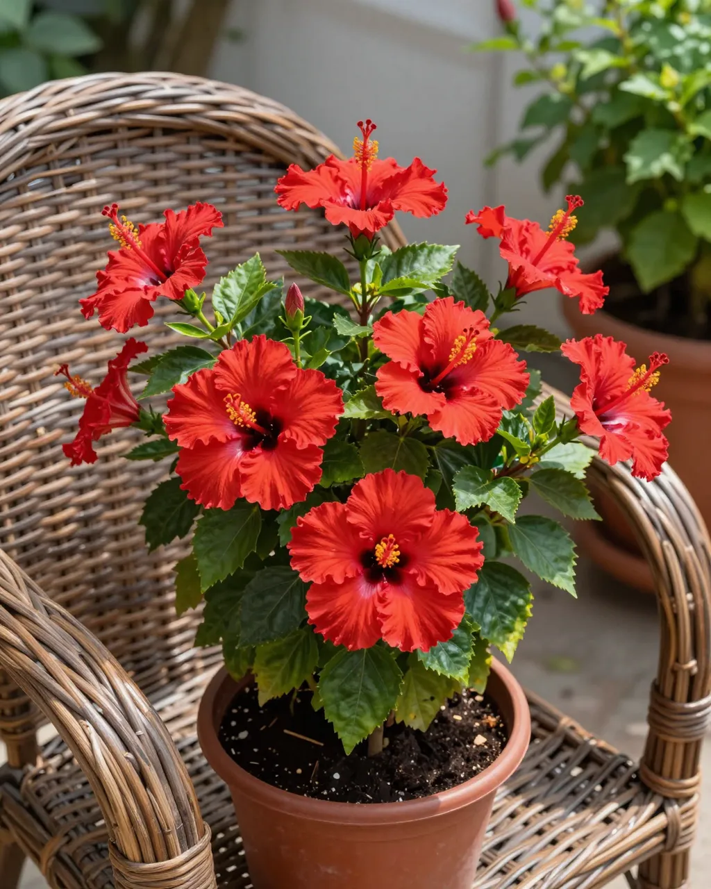 Blooming potted red hibiscus rests on a wicker patio chair in bright sunny light