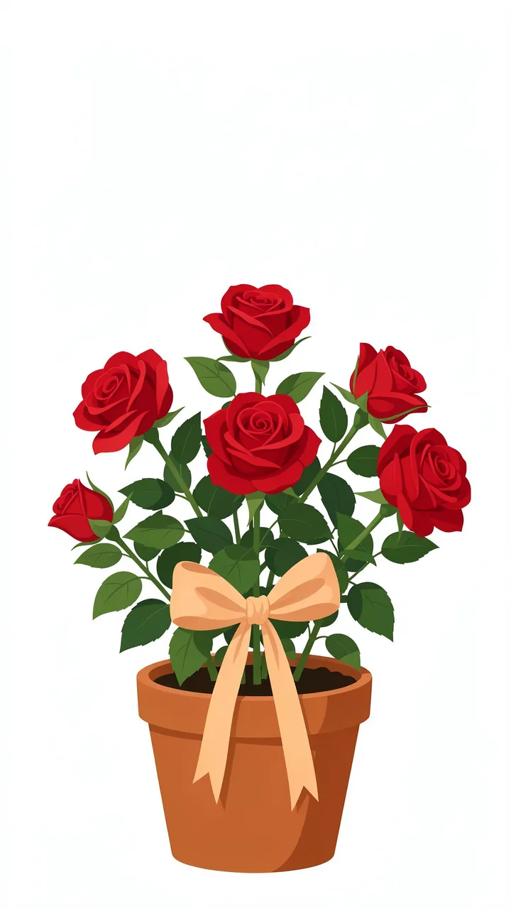 Red rose bush in a terracotta pot tied with a peach ribbon, with empty white space above.