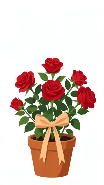 Red rose bush in a terracotta pot tied with a peach ribbon, with empty white space above.