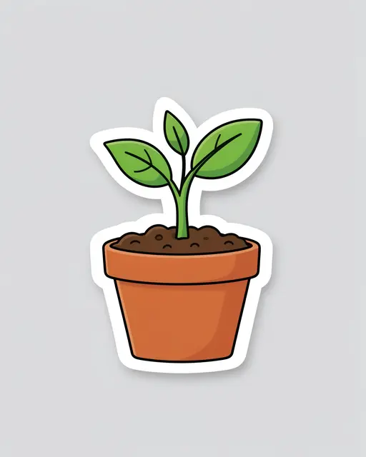 Cute flat illustration sticker of a potted seedling with a thick white border on a light gray background