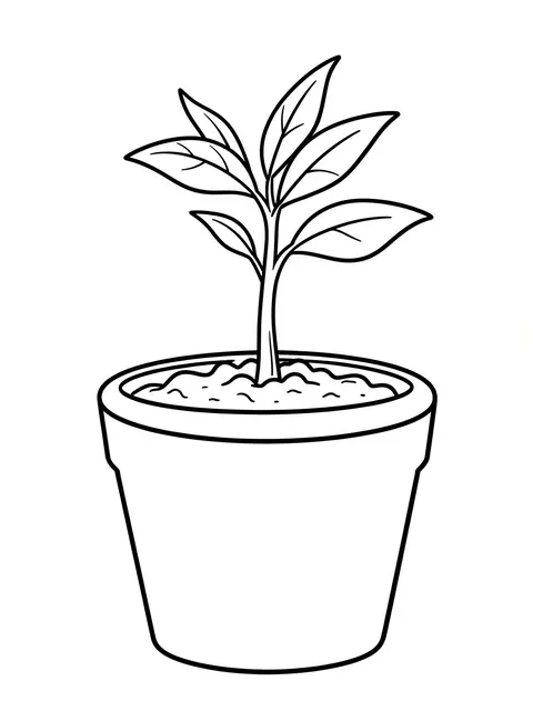Black and white bold line art of a seedling growing in a simple flower pot on a plain white background