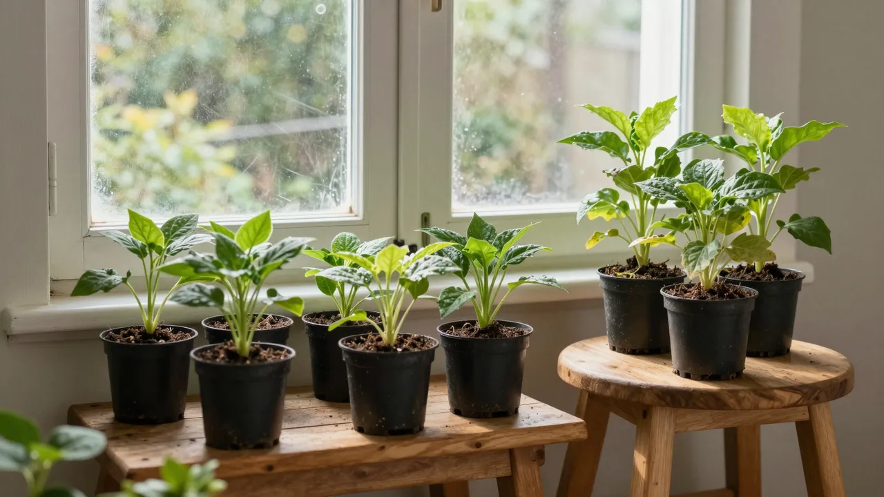 Potted seedling plants rest on wooden stools next to a dust-flecked garden shed window in soft afternoon light.