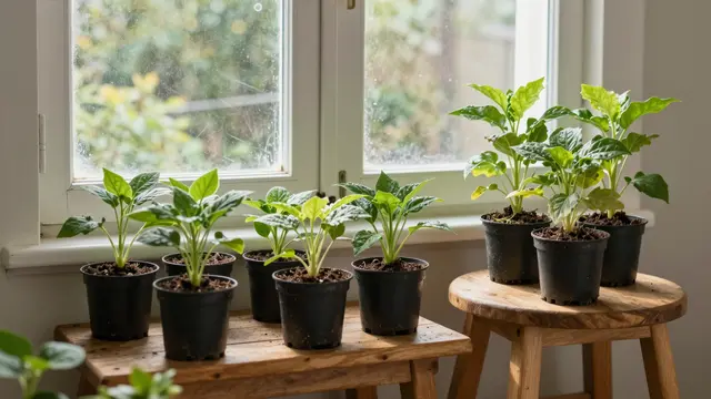 Potted seedling plants rest on wooden stools next to a dust-flecked garden shed window in soft afternoon light.