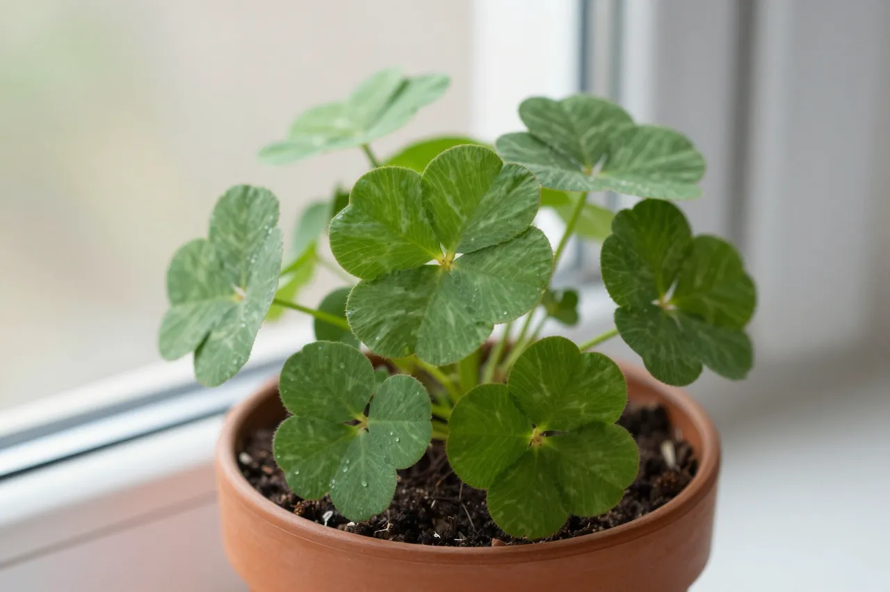 A lush shamrock plant growing in a terracotta pot sits on a bright indoor windowsill.
