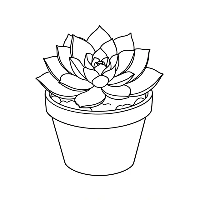 Minimal black line art of a rosette succulent in a simple plant pot on a plain white background