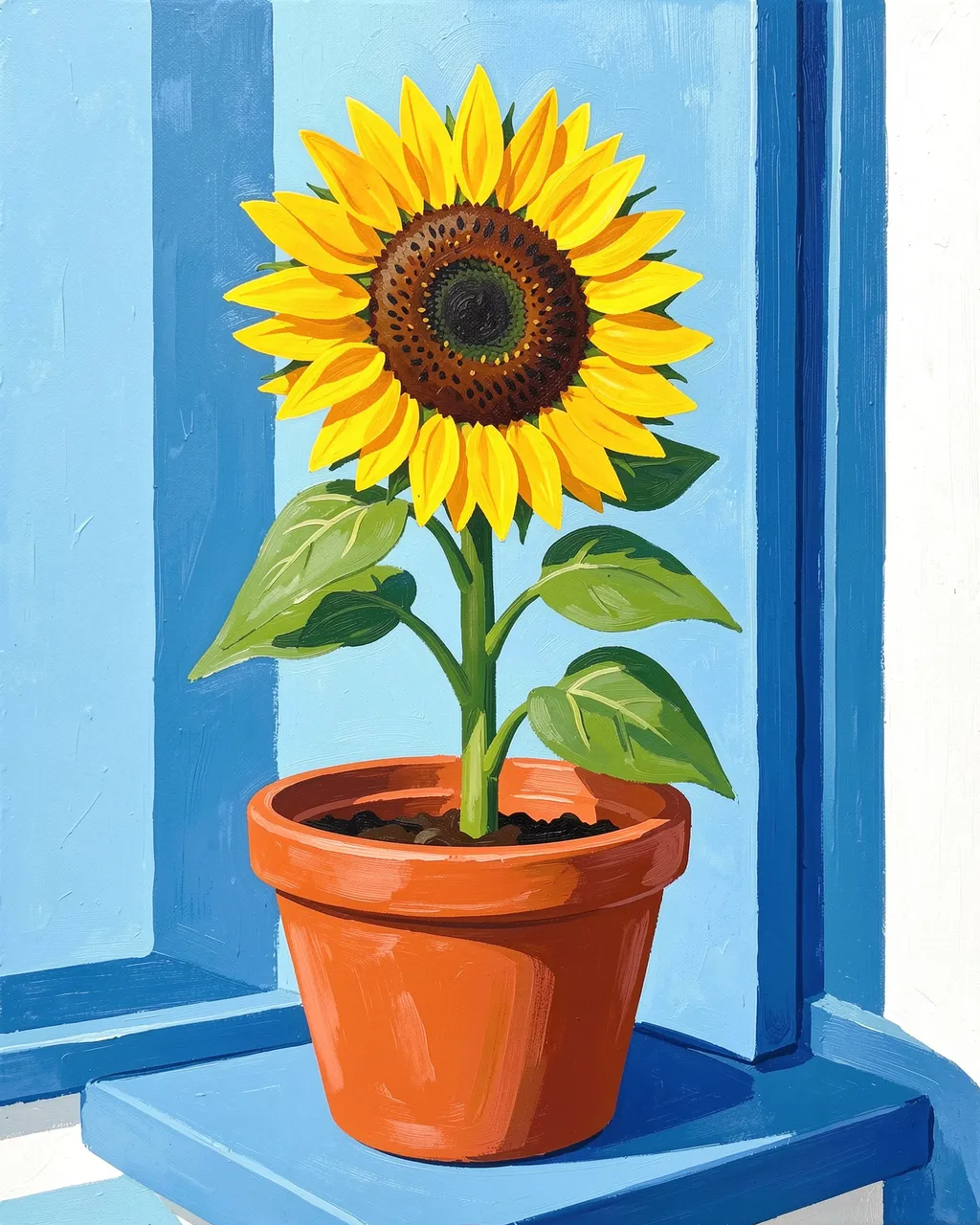 A gouache painting of a single sunflower growing in a terracotta pot resting on a bright blue windowsill.