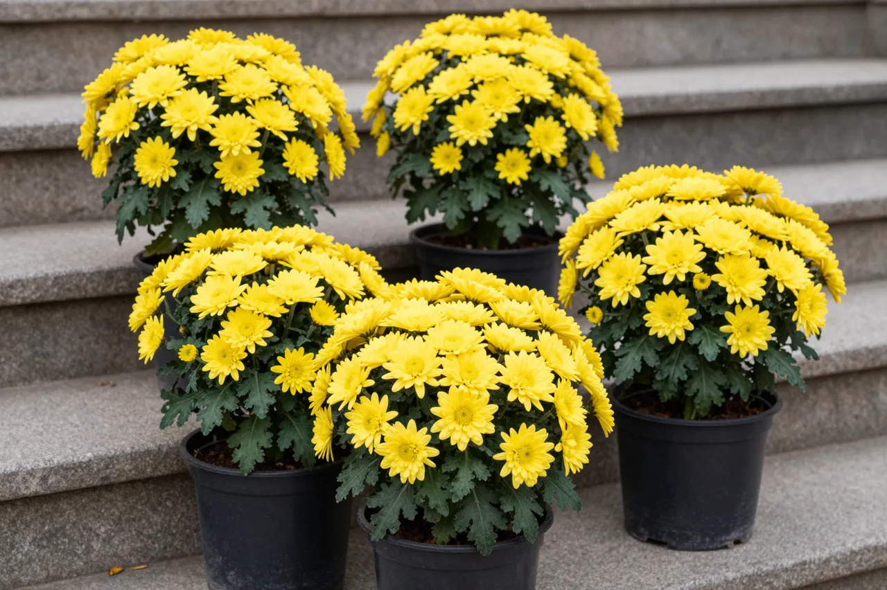 Five potted yellow chrysanthemum plants arranged in rows on gray stone outdoor steps