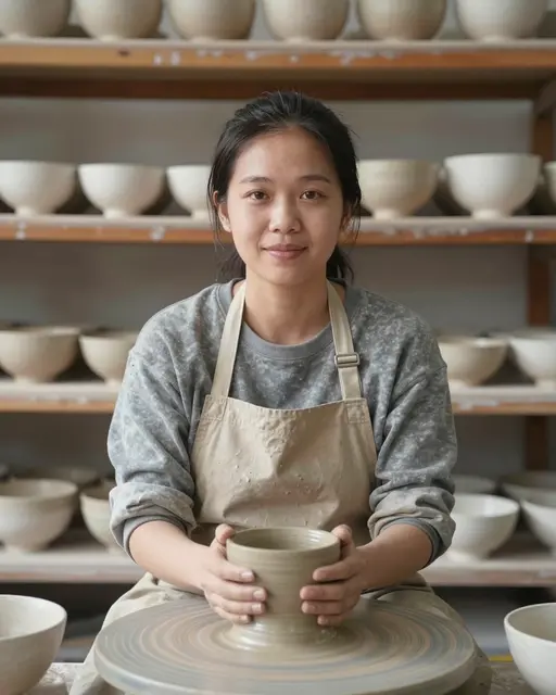 Southeast Asian female potter holds a fresh clay vessel at a pottery wheel with drying bowls on shelves behind her.