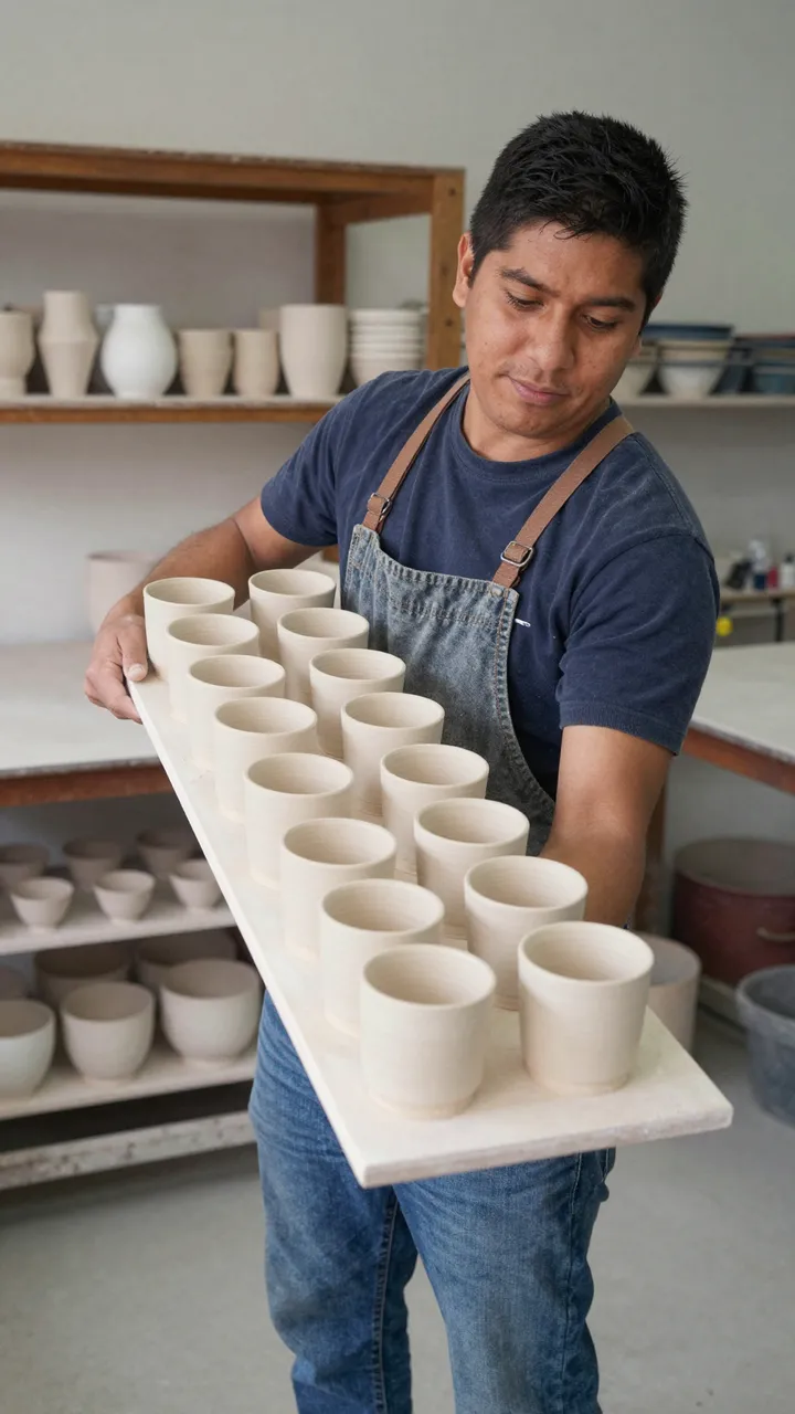 Latino ceramic studio worker carries a tray of unfired clay cups in his workshop.