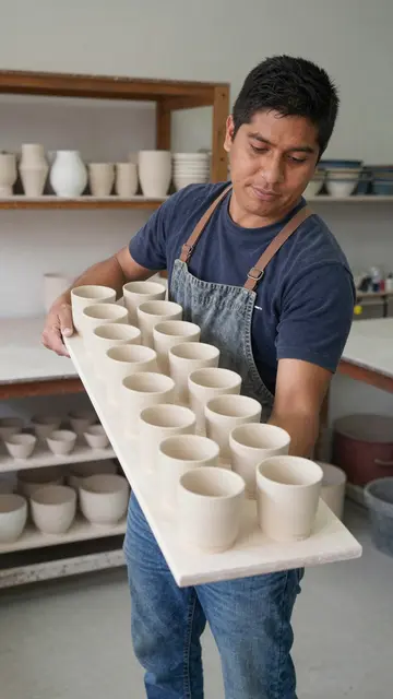Latino ceramic studio worker carries a tray of unfired clay cups in his workshop.