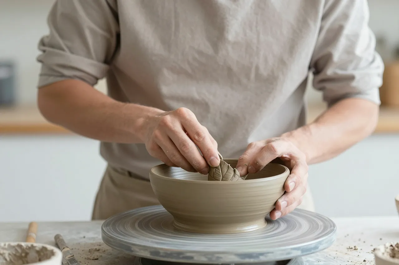 A man shapes leaf details into a leather-hard clay bowl resting on a pottery wheel at a worktable.