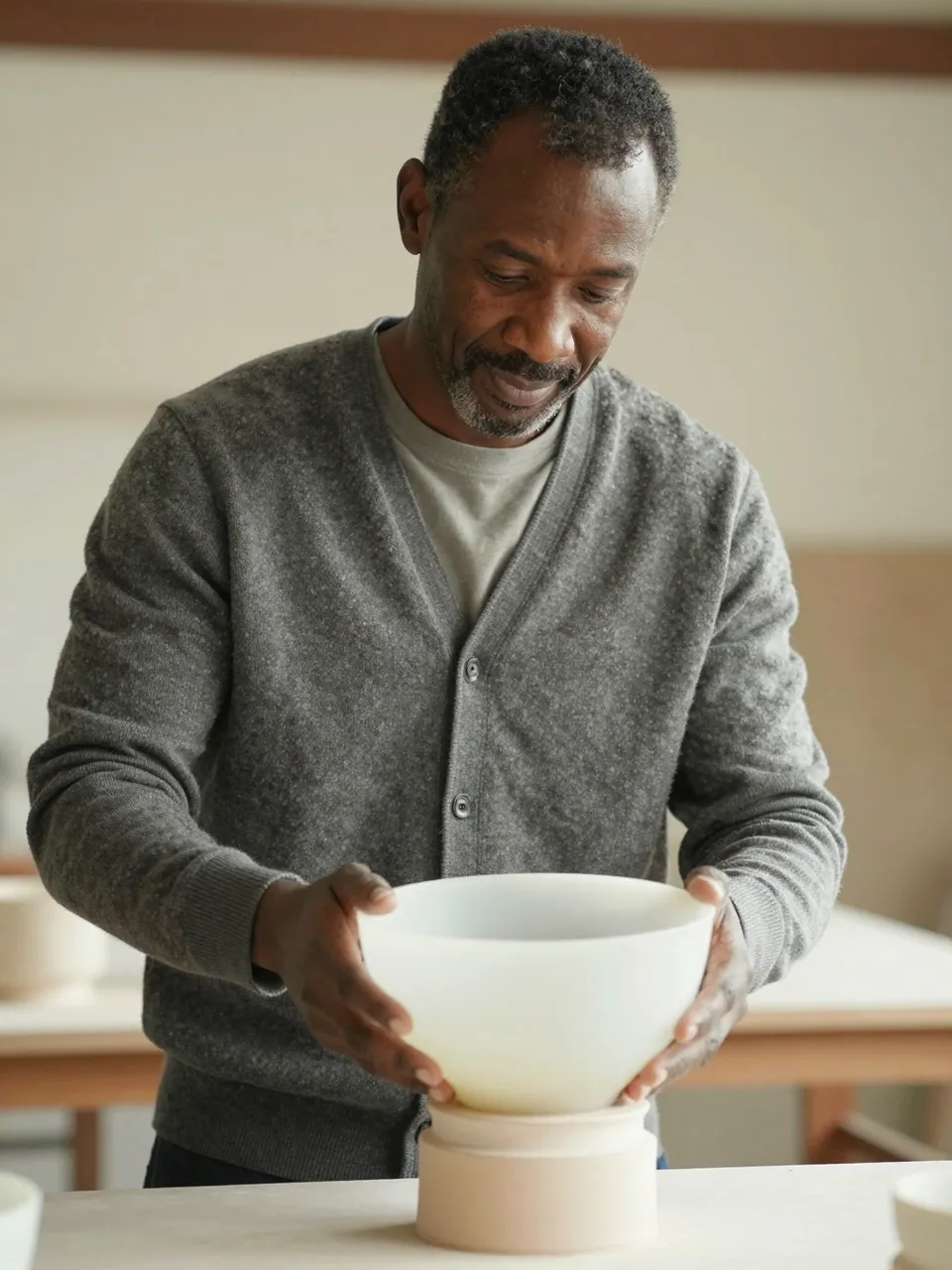 A middle aged Black man in a gray cardigan lifts a glazed ceramic bowl from a small pottery stand on a worktable.