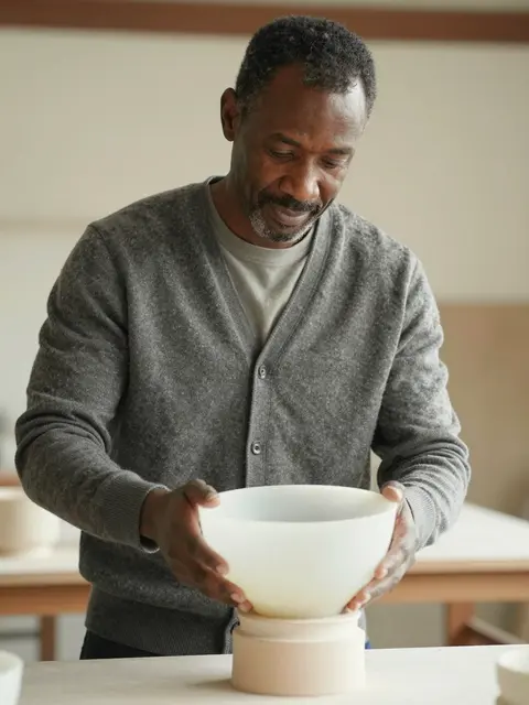 A middle aged Black man in a gray cardigan lifts a glazed ceramic bowl from a small pottery stand on a worktable.