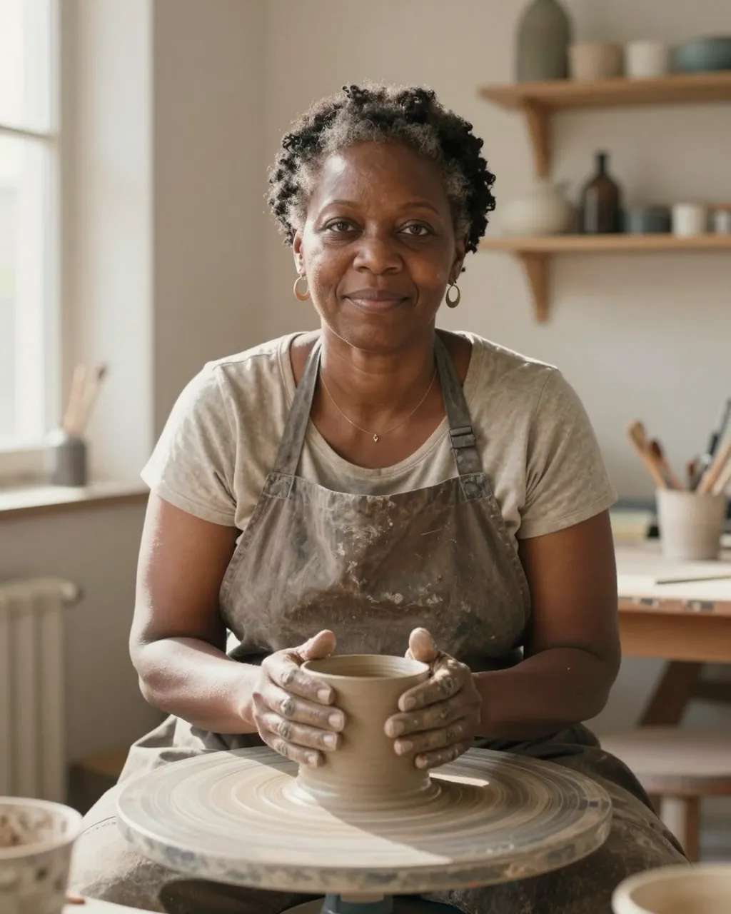 A Black woman in her fifties holds a fresh clay vessel on a pottery wheel in a sunlit craft studio.