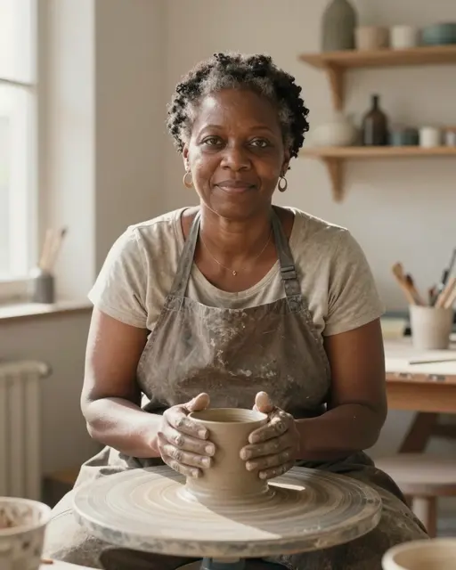A Black woman in her fifties holds a fresh clay vessel on a pottery wheel in a sunlit craft studio.