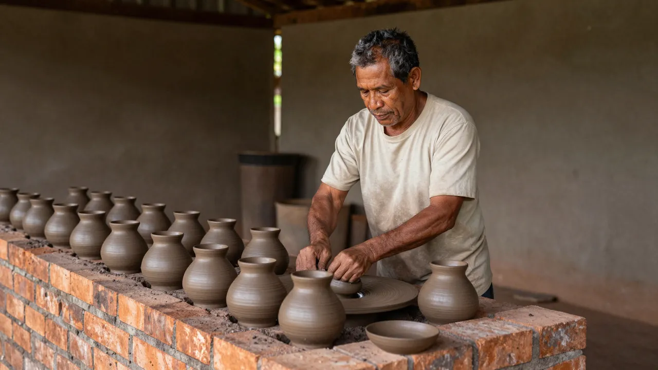 A mature potter works at a pottery wheel arranging finished clay pots on a brick ledge