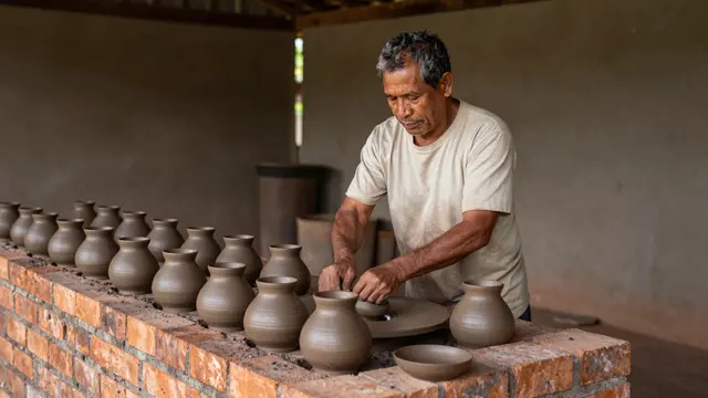 A mature potter works at a pottery wheel arranging finished clay pots on a brick ledge